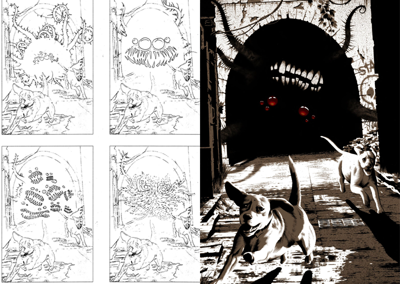 Concept work (L) and final art (R), by Chris Koehler.